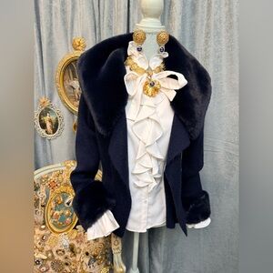 Elegant Navy Faux Fur Trimmed Sweater Jacket